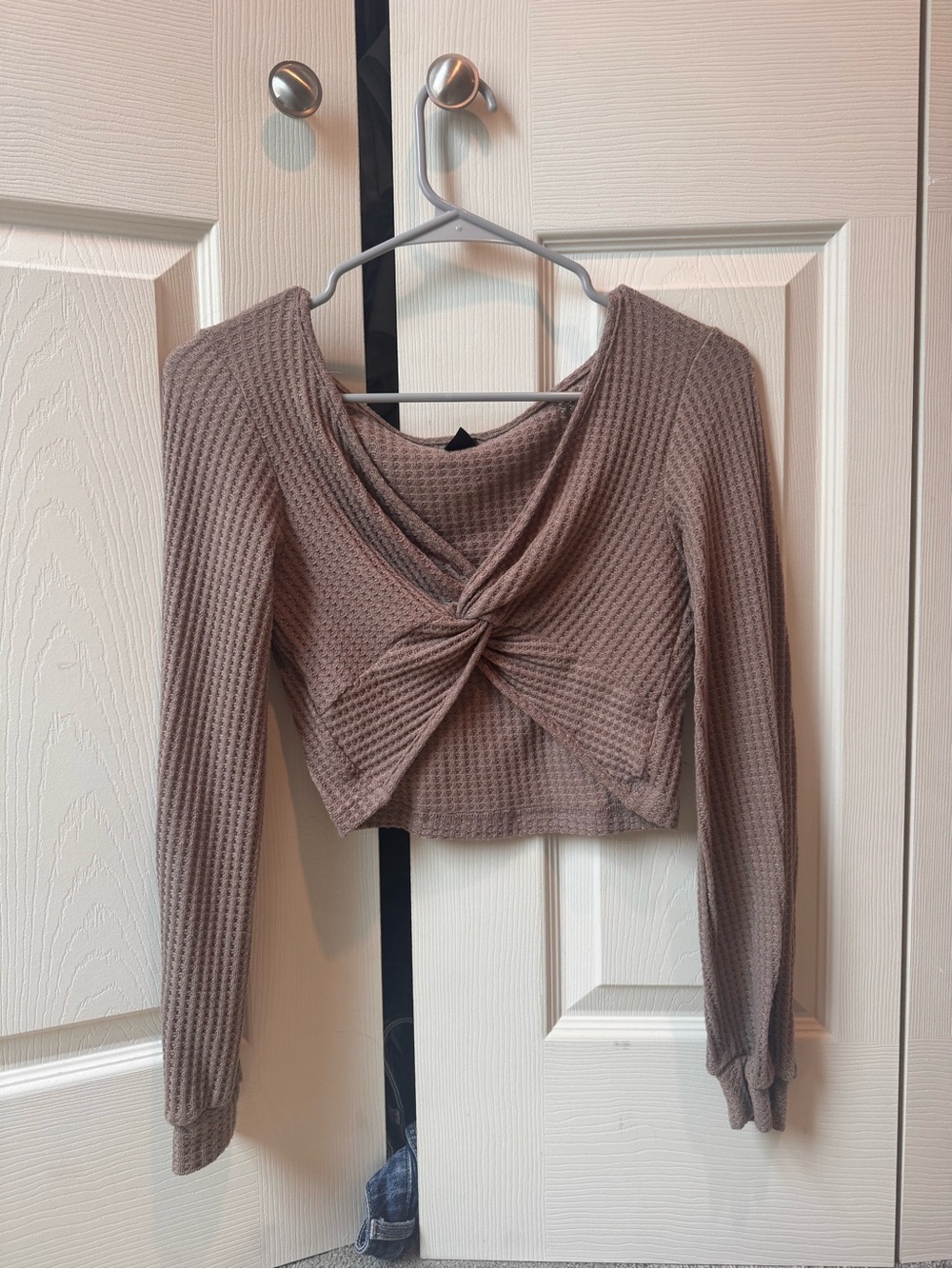 SHEIN Taupe Waffle Knit Twist-Front Crop Top